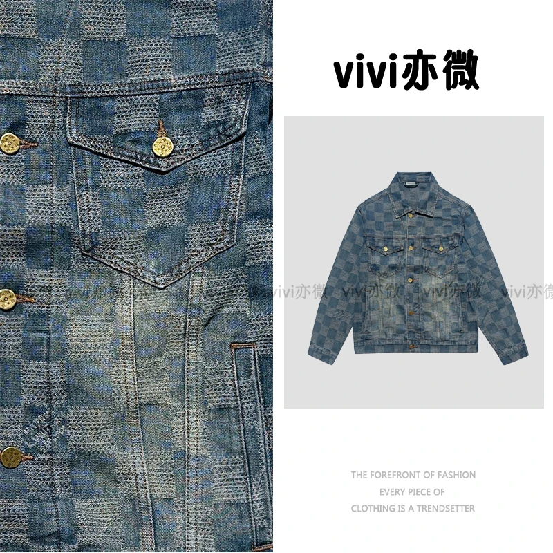 【vivi亦微  |】-棋盘格牛仔夹克男士时尚翻领外套休闲百搭-XX1050