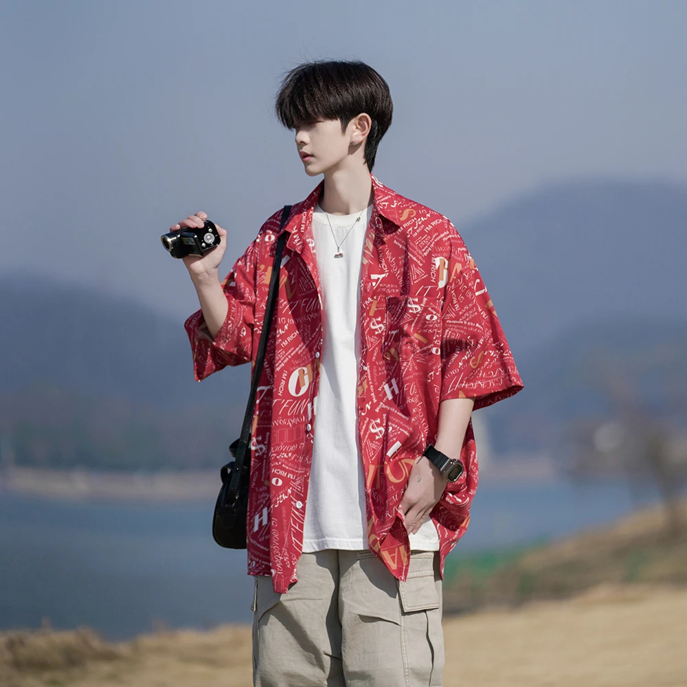 夏季复古潮流冰丝短袖薄款衬衫男痞帅宽松休闲大码花衬衣潮牌寸衫