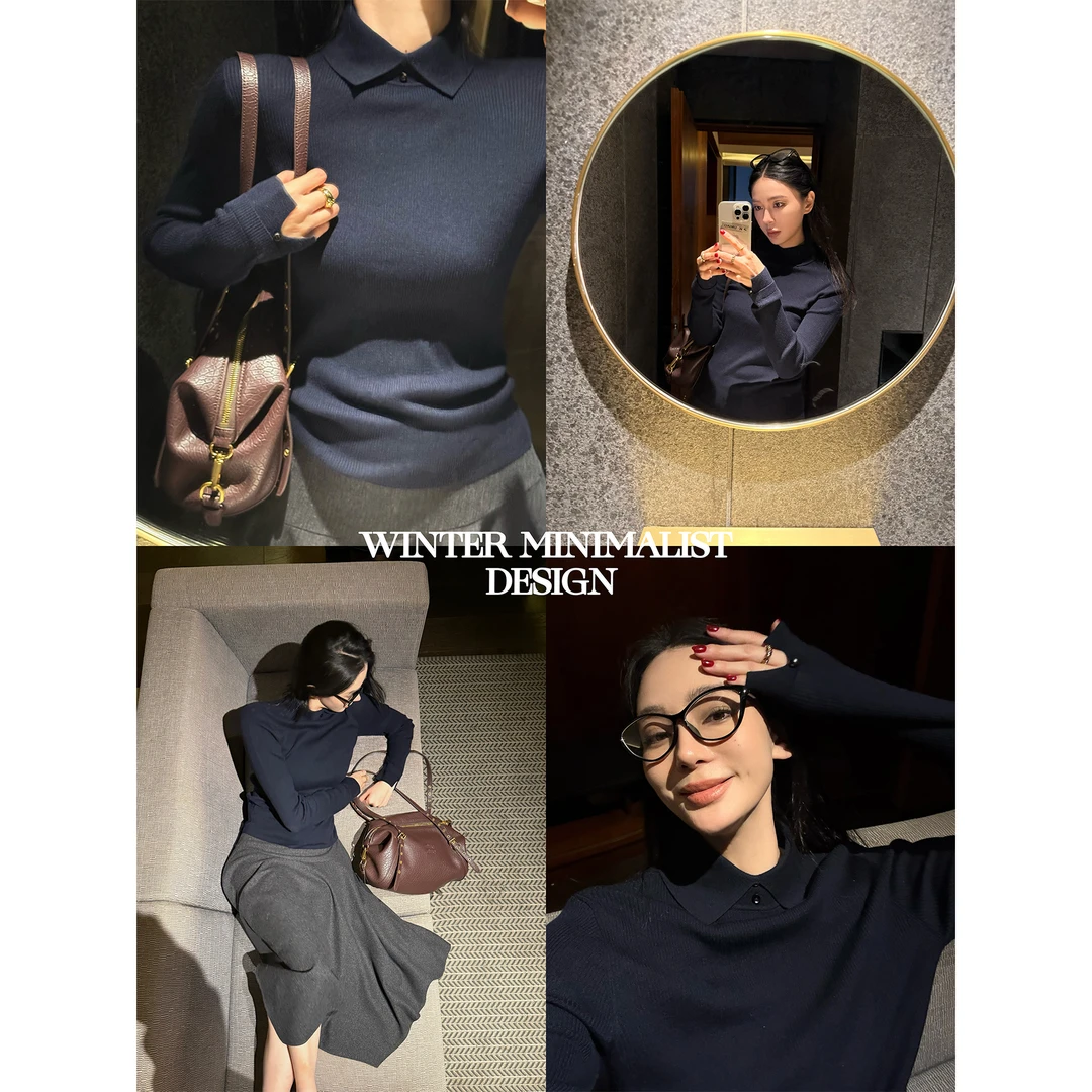 周淼【英伦miu】老钱风羊毛混纺针织衫女polo小翻领上衣ZM25M5145J