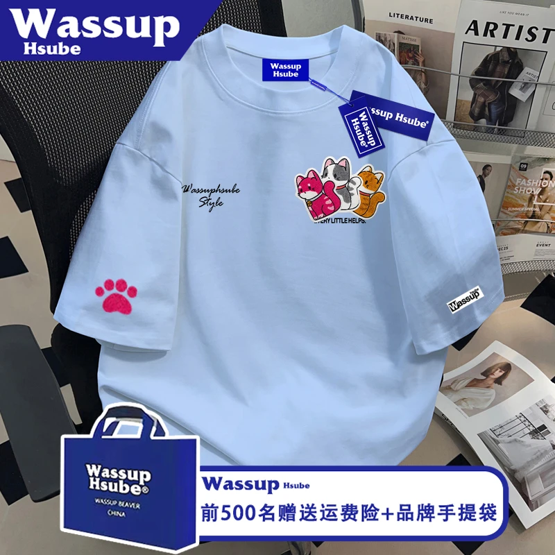 WASSUP HSUBE休闲卡通猫咪印花T恤ins夏季天蓝色纯棉短袖男女半袖