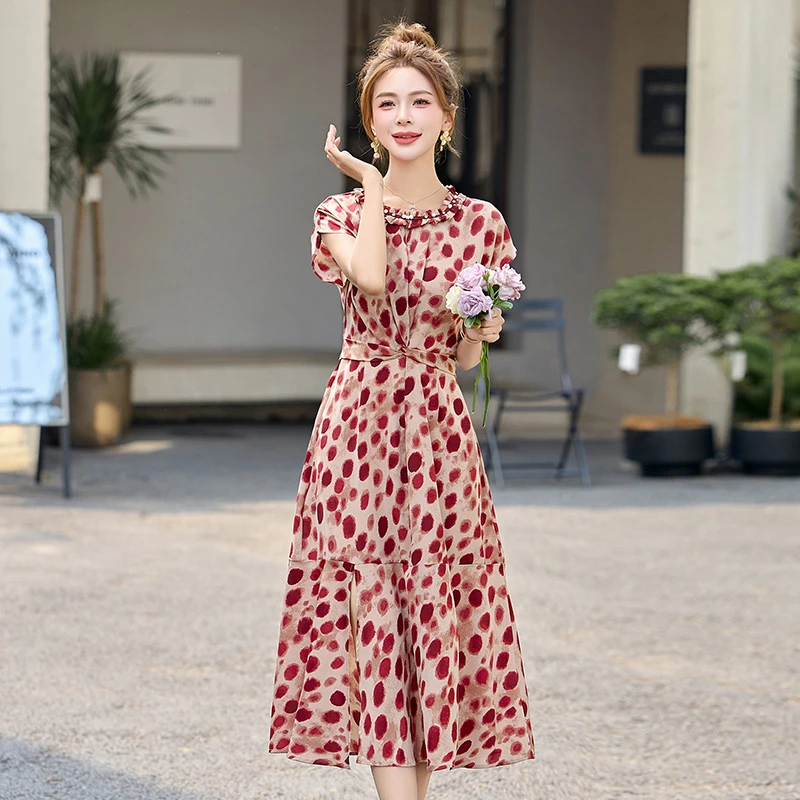 夏日来信 G6128高级感气质波点连衣裙2025夏季新款高腰显瘦长裙女