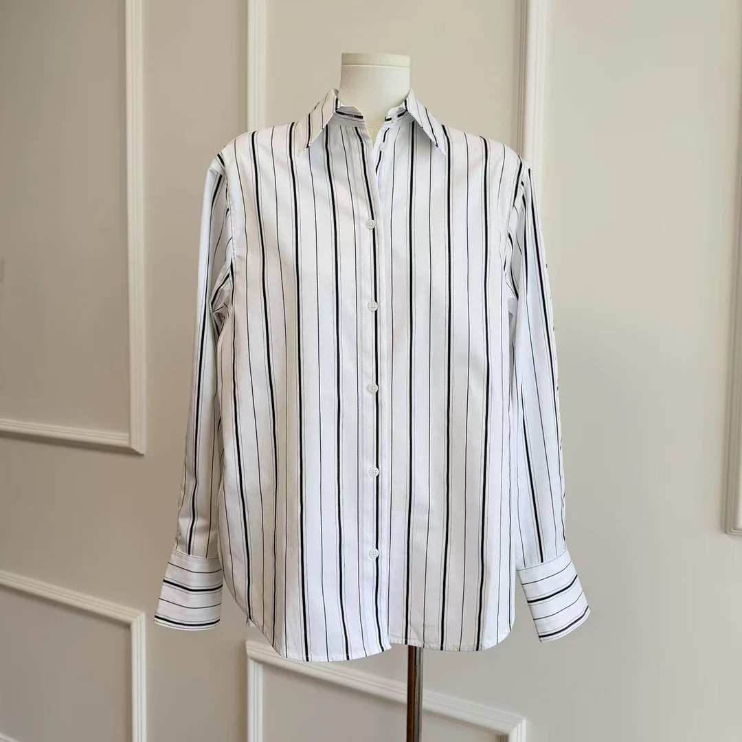 【Latti】黑白经典条纹落肩挺阔棉府绸衬衫时尚休闲衬衣宽松竖条纹