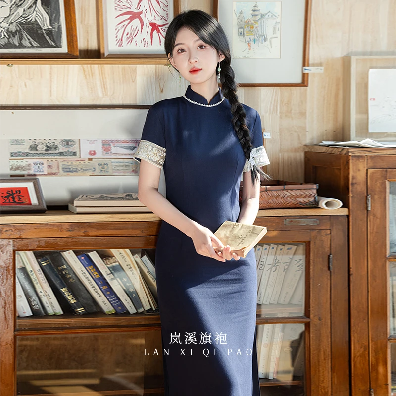 复古民国风蓝色旗袍2025新款夏季新中式高端改良少女连衣裙日常穿