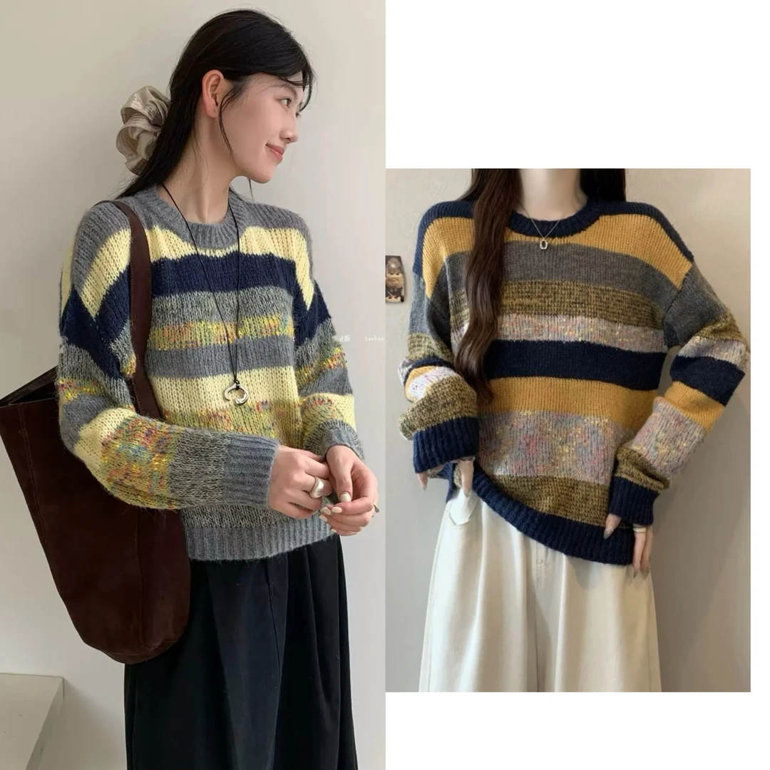 新款撞色彩条毛衣