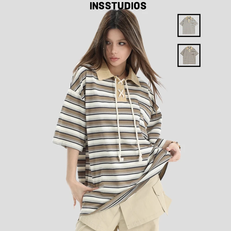 INSstudios国潮牌情侣美式复古条纹绑带翻领短袖宽松POLO衫T恤男