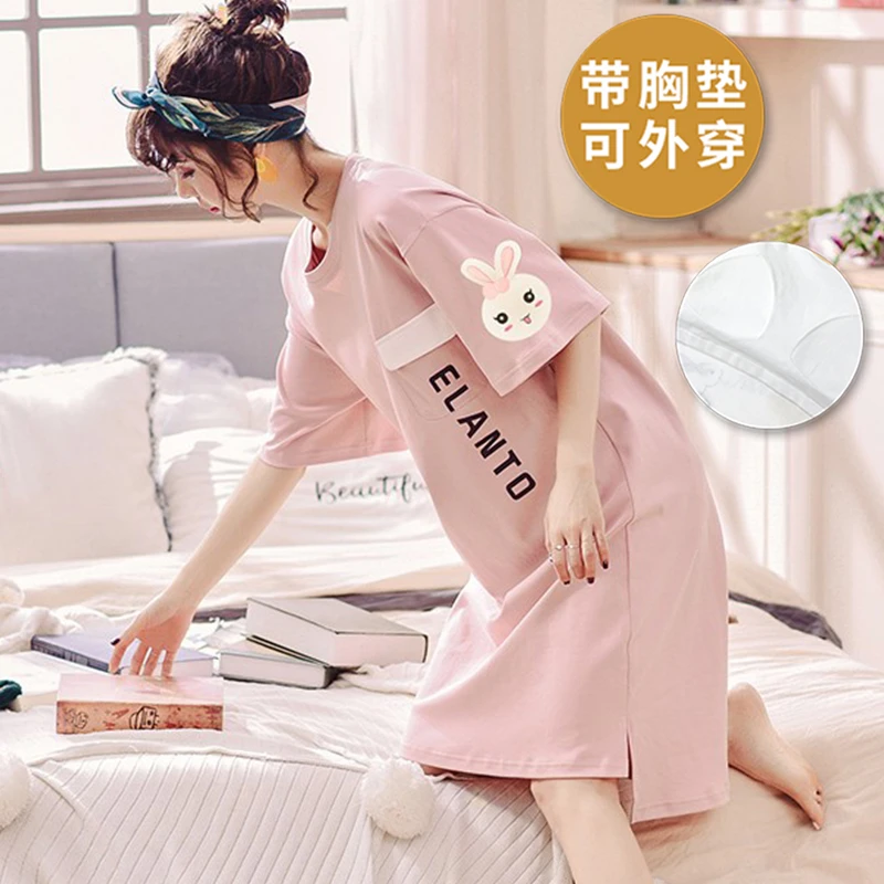 带胸垫睡裙女夏季款少女短袖韩版夏天长裙睡衣高级感口袋网红风