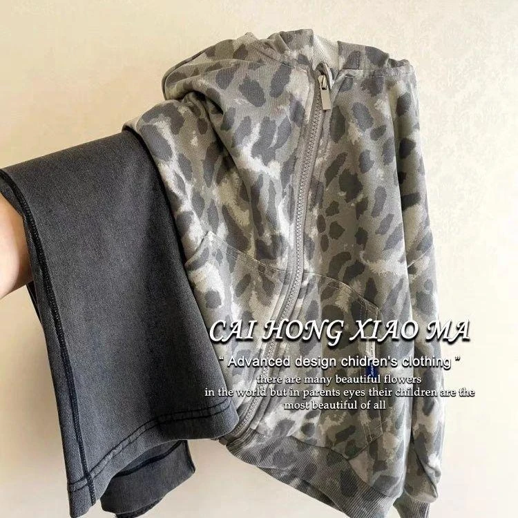 女童外套春秋款套装豹纹连帽开衫卫衣上衣时髦洋气女宝喇叭裤