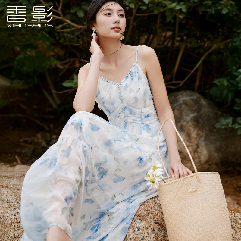 L85S665连衣裙 香影花色晕染吊带连衣裙夏季新款手工编织海边裙子