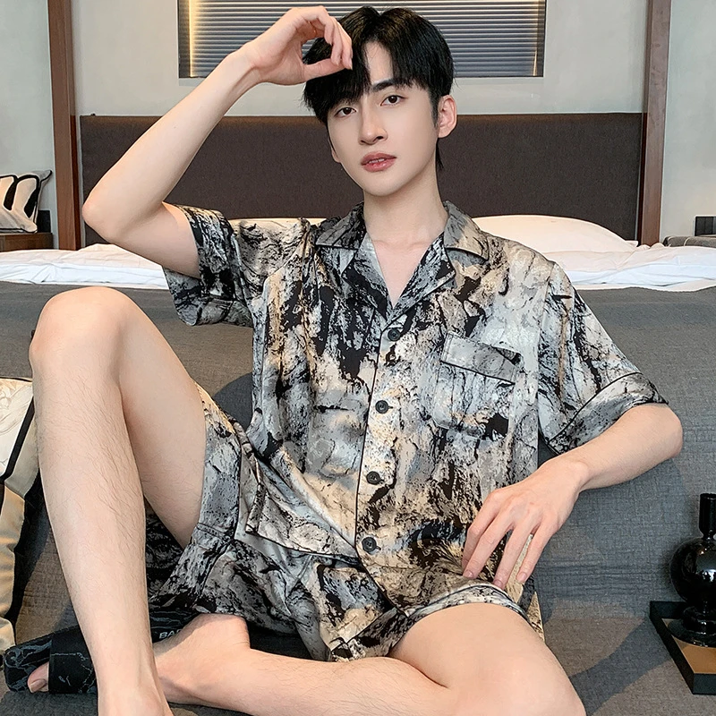青少年睡衣男士夏款短袖短裤国风水墨印花休闲冰丝网红家居服套装