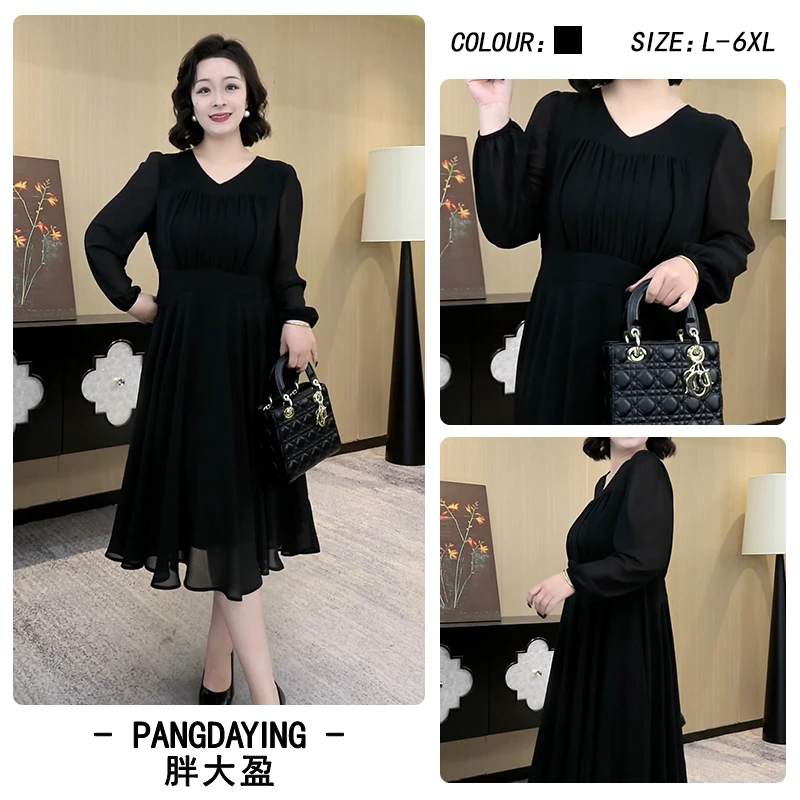 胖大盈定制大码女装黑色气质连衣裙秋季新款长袖百搭连衣裙ZB7762