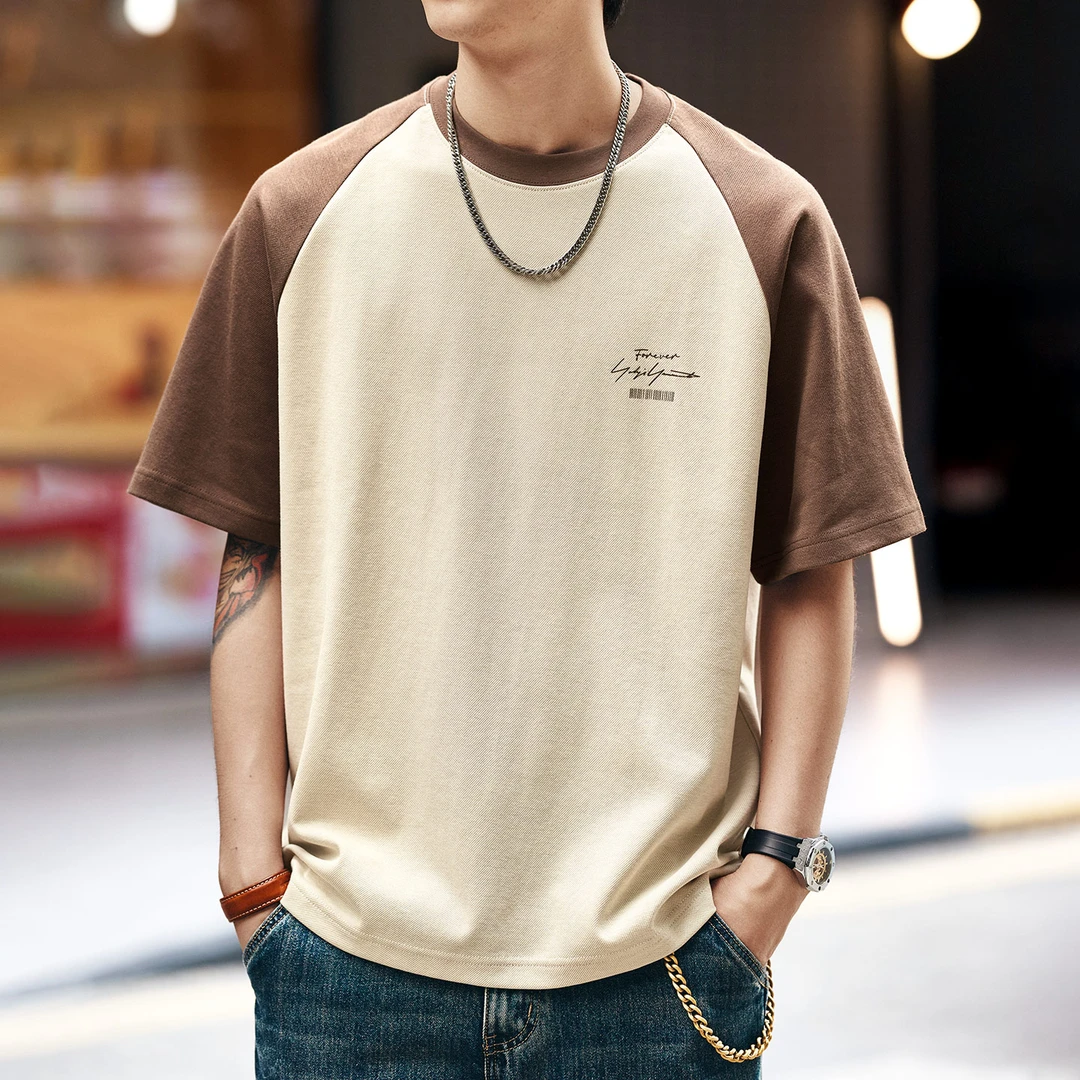 格蓝鹿高端日系复古撞色拼接短袖t恤男夏季新款圆领宽松半袖上衣