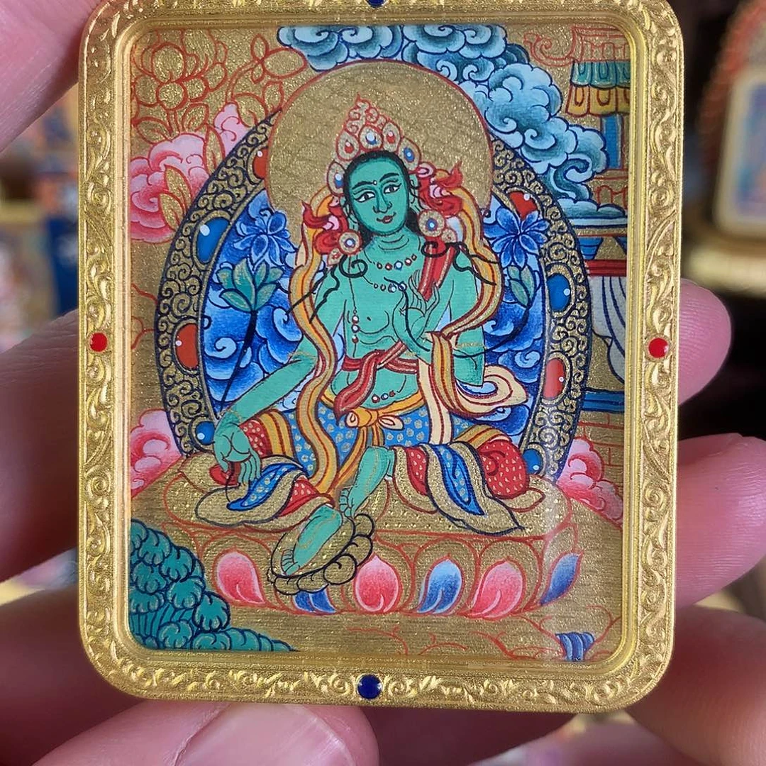 吊坠绿度母金躺带彩热贡纯手绘唐卡