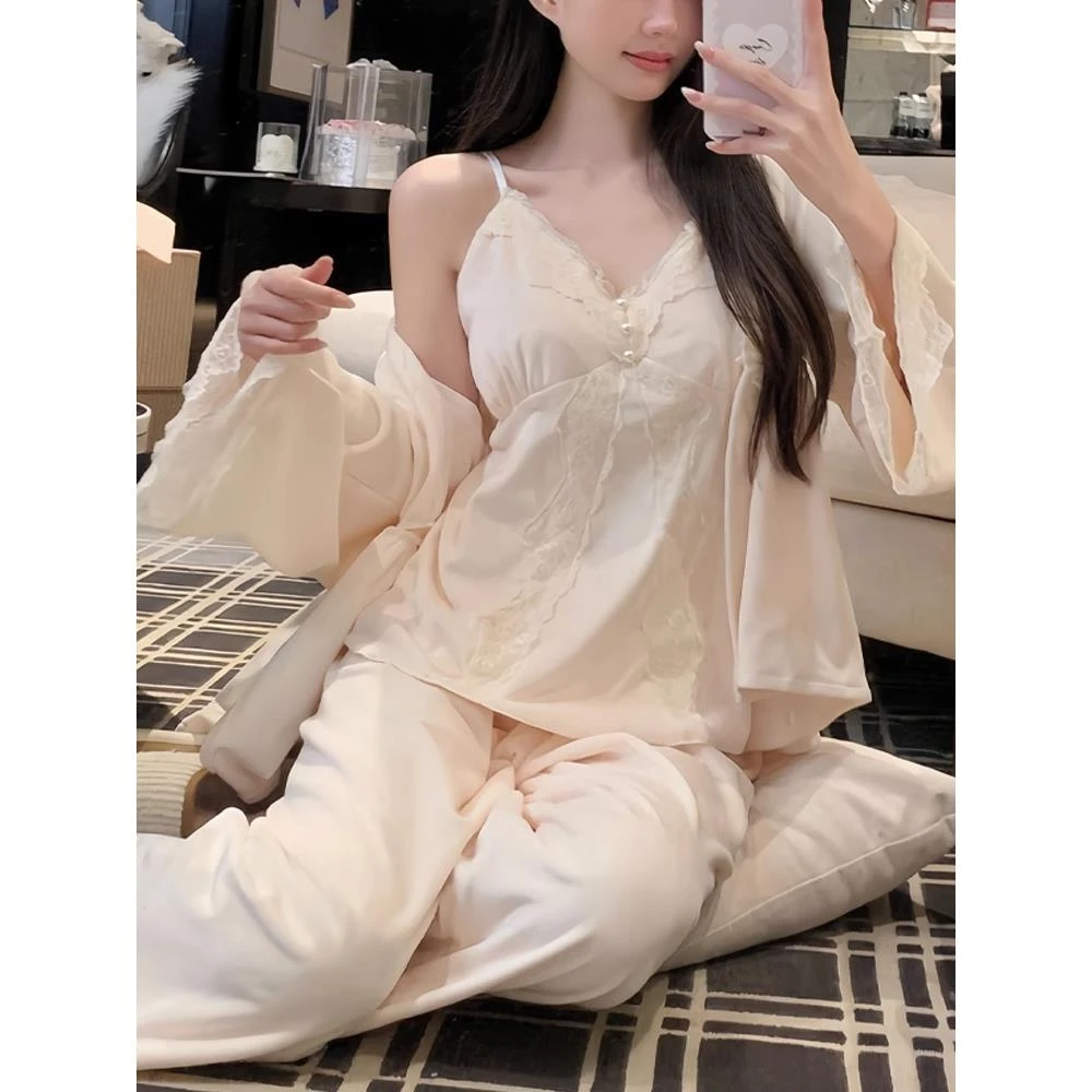 商场撤柜带胸垫秋冬睡衣三件套双面海岛绒软乎乎甜美纯欲风居家in