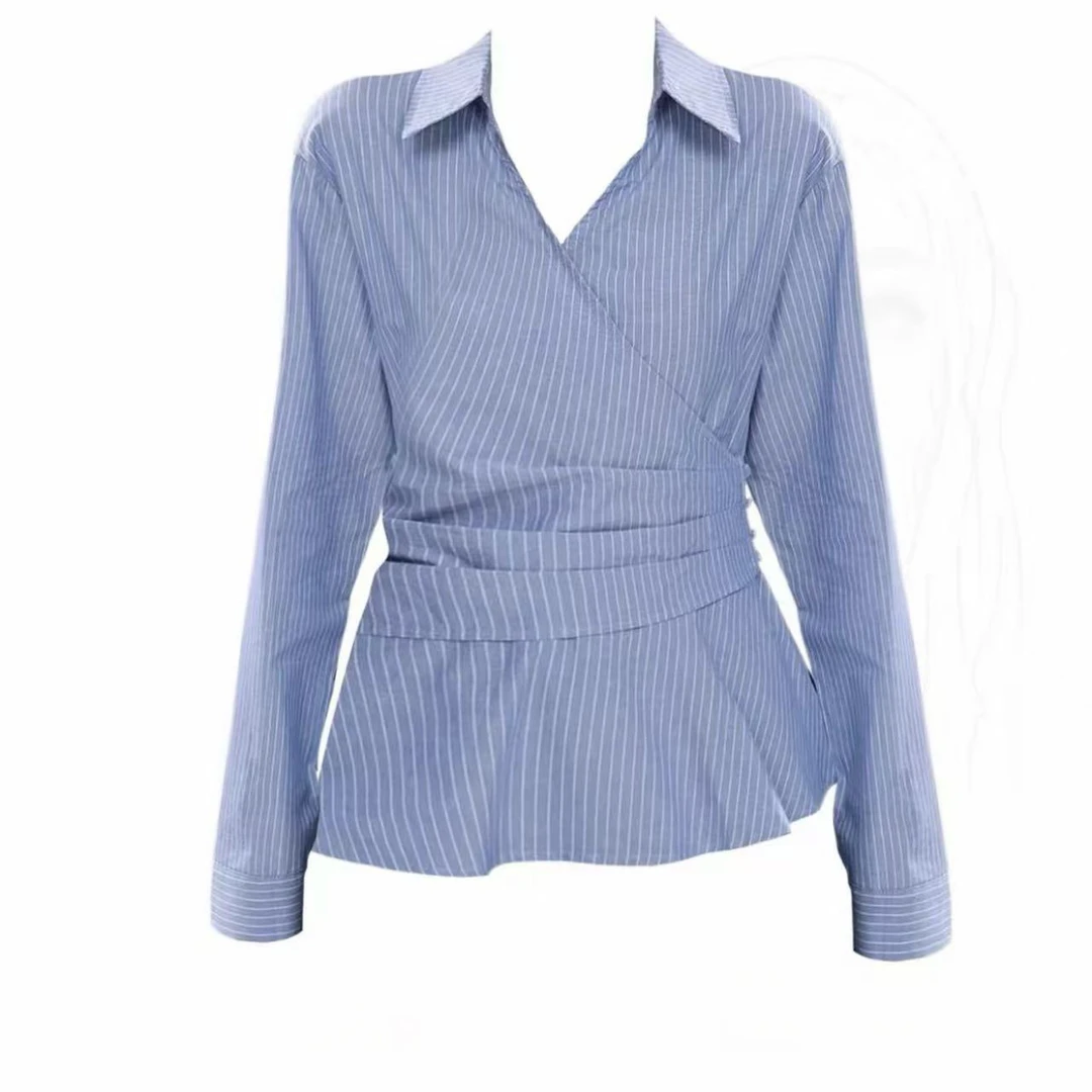 2025秋季新款韩系气质休闲百搭收腰显瘦上衣女设计感褶皱条纹衬衫