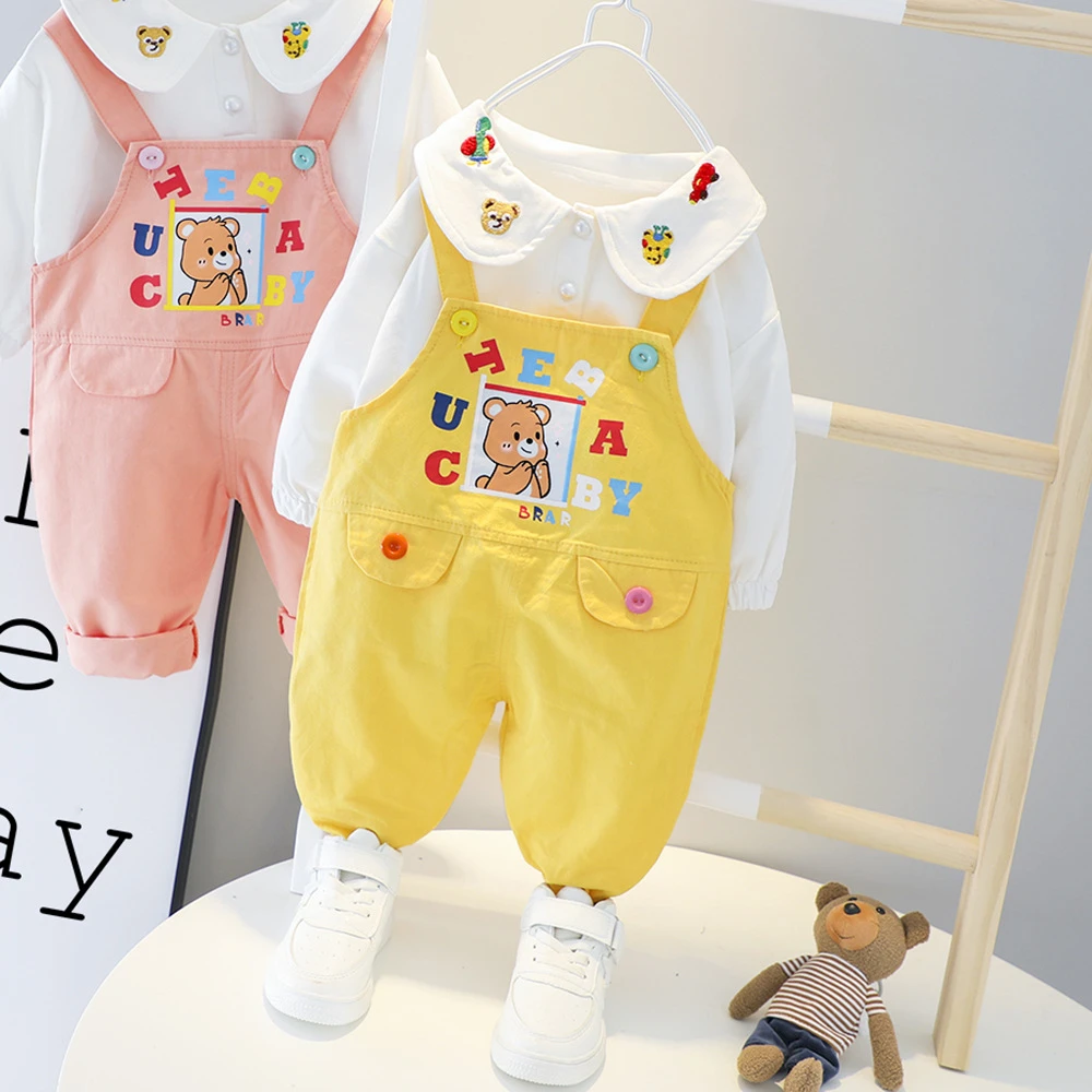 2808儿童套装婴儿洋气男女童卡通背带裤二件套宝宝休闲衣服