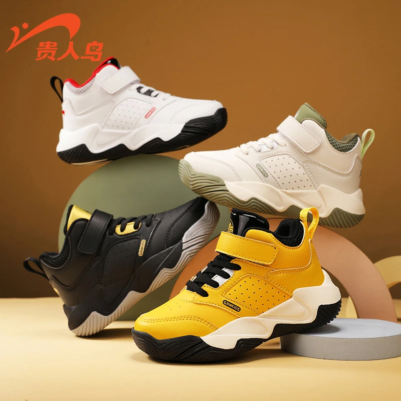 贵人鸟儿童鞋秋冬季皮面防水篮球鞋高帮加绒保暖毛茸茸棉鞋运动鞋