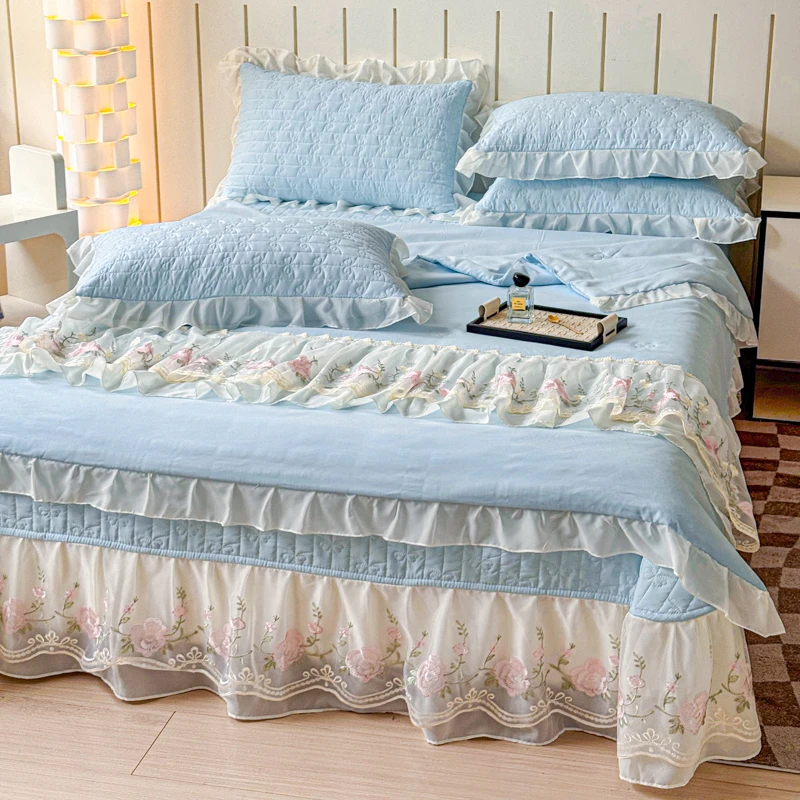 韩版水洗棉公主风床盖款可机洗夏凉被四件套裸睡丝滑感凉感空调被