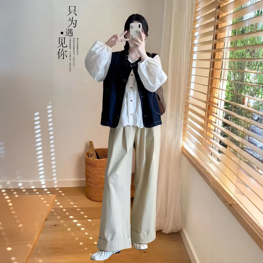 3395+3396+3397高级感牛仔马甲背心搭衬衫休闲裤盐系轻熟三件套