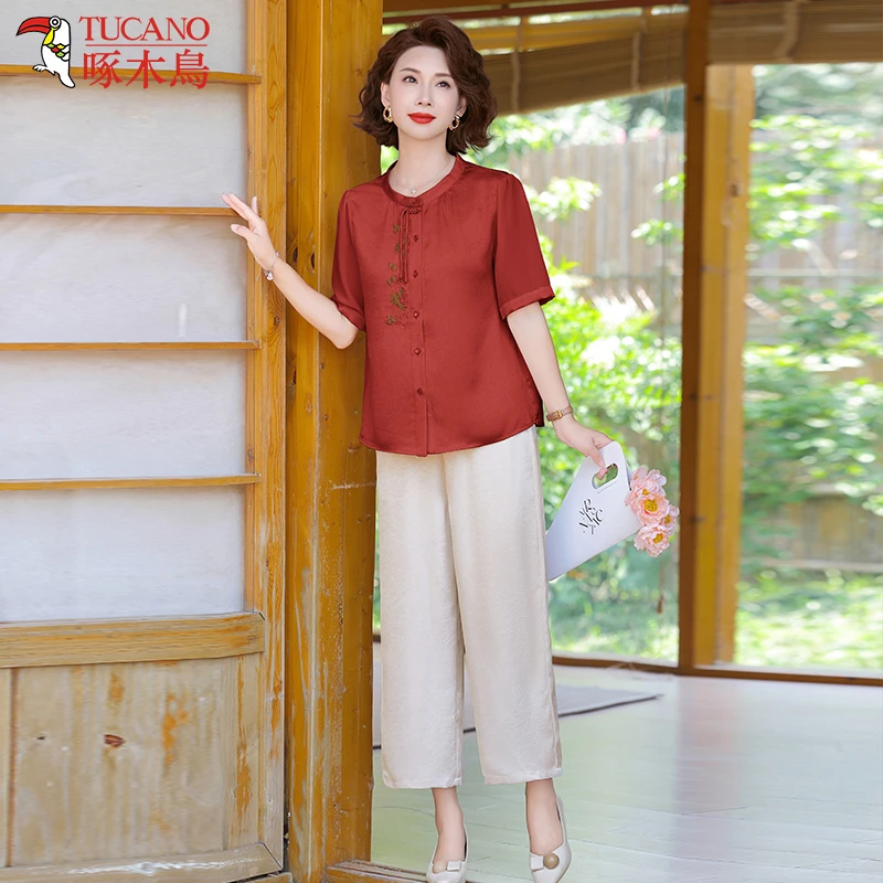 啄木鸟时尚妈妈夏装薄款两件套新款洋气新中式小衫中老年女薄套装