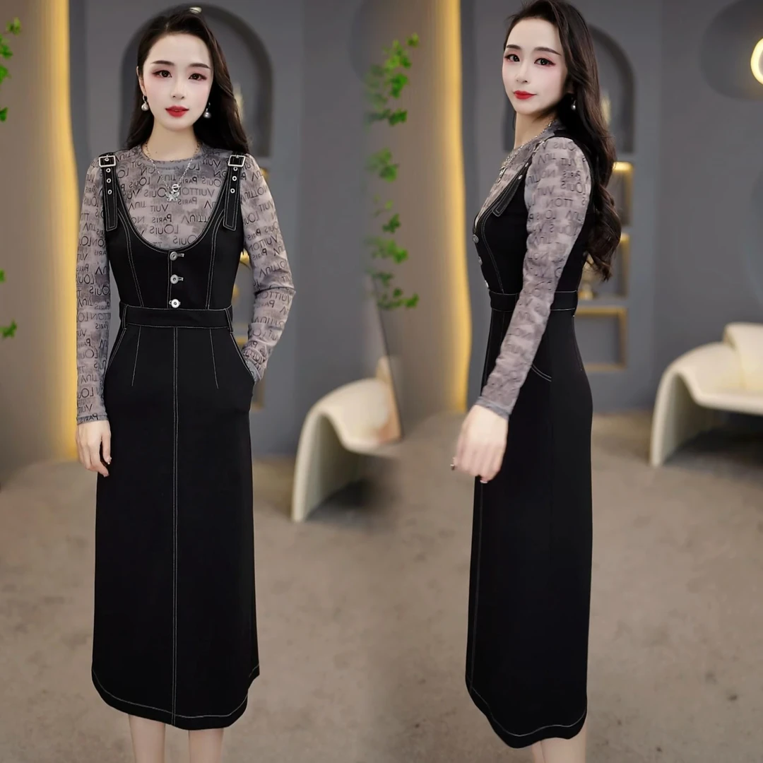 2025春季黑色街头感时髦设计背带裙字母打底假两件连衣裙M-4XL