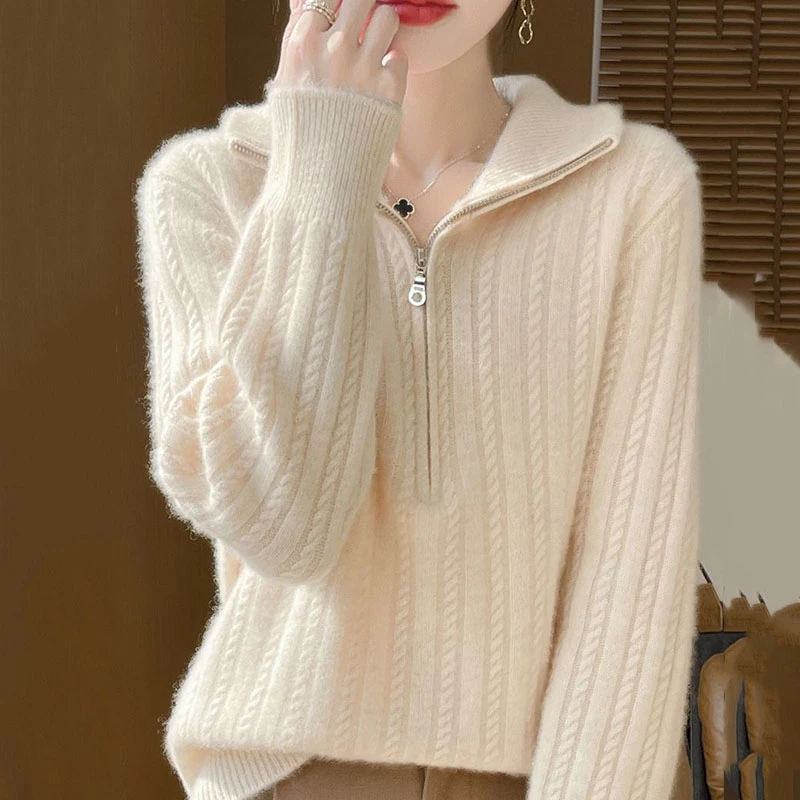 哥弟阿玛施正品新款纯羊毛女针织衫时尚减龄半拉链半高领百搭毛衣