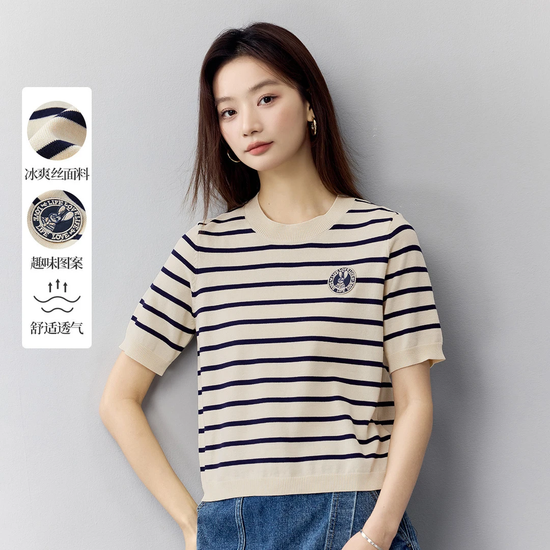 【欧若假日风】茵曼夏季冰爽丝学院风条纹短袖针织衫女显瘦百搭上衣