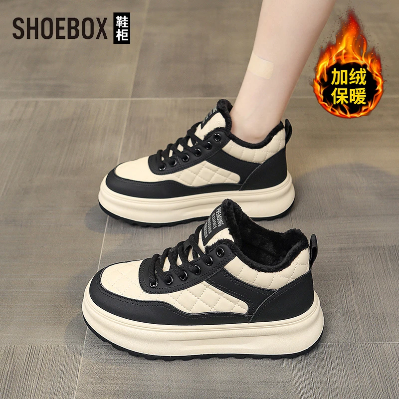 SHOEBOX鞋柜加绒保暖运动鞋女2025新款秋季百搭高帮加厚休闲鞋