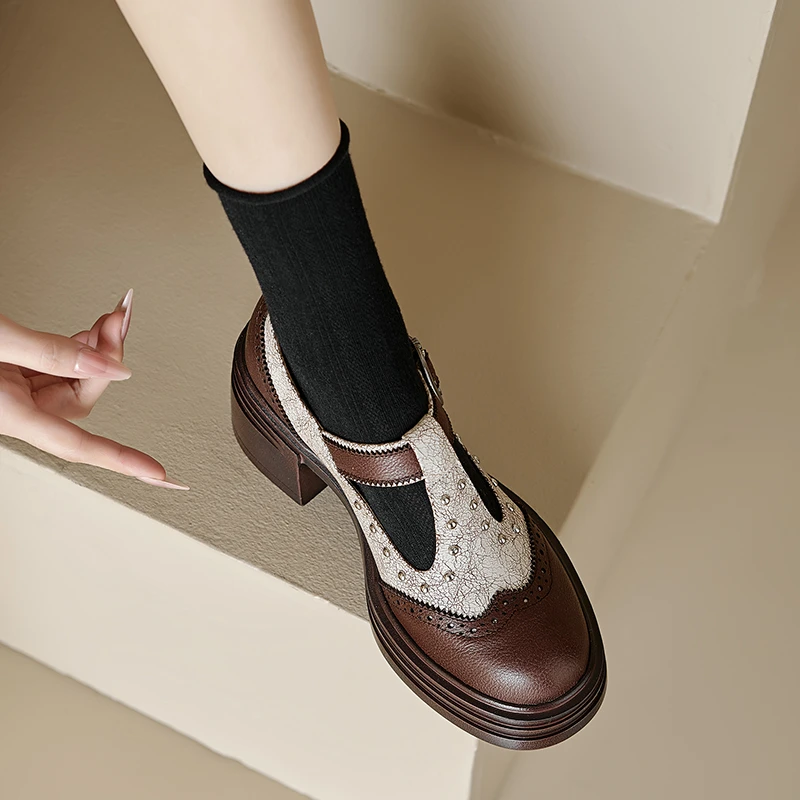 小个子增高7cm~新款铆钉拼接玛丽珍鞋粗跟单鞋丁字鞋小皮鞋高跟鞋