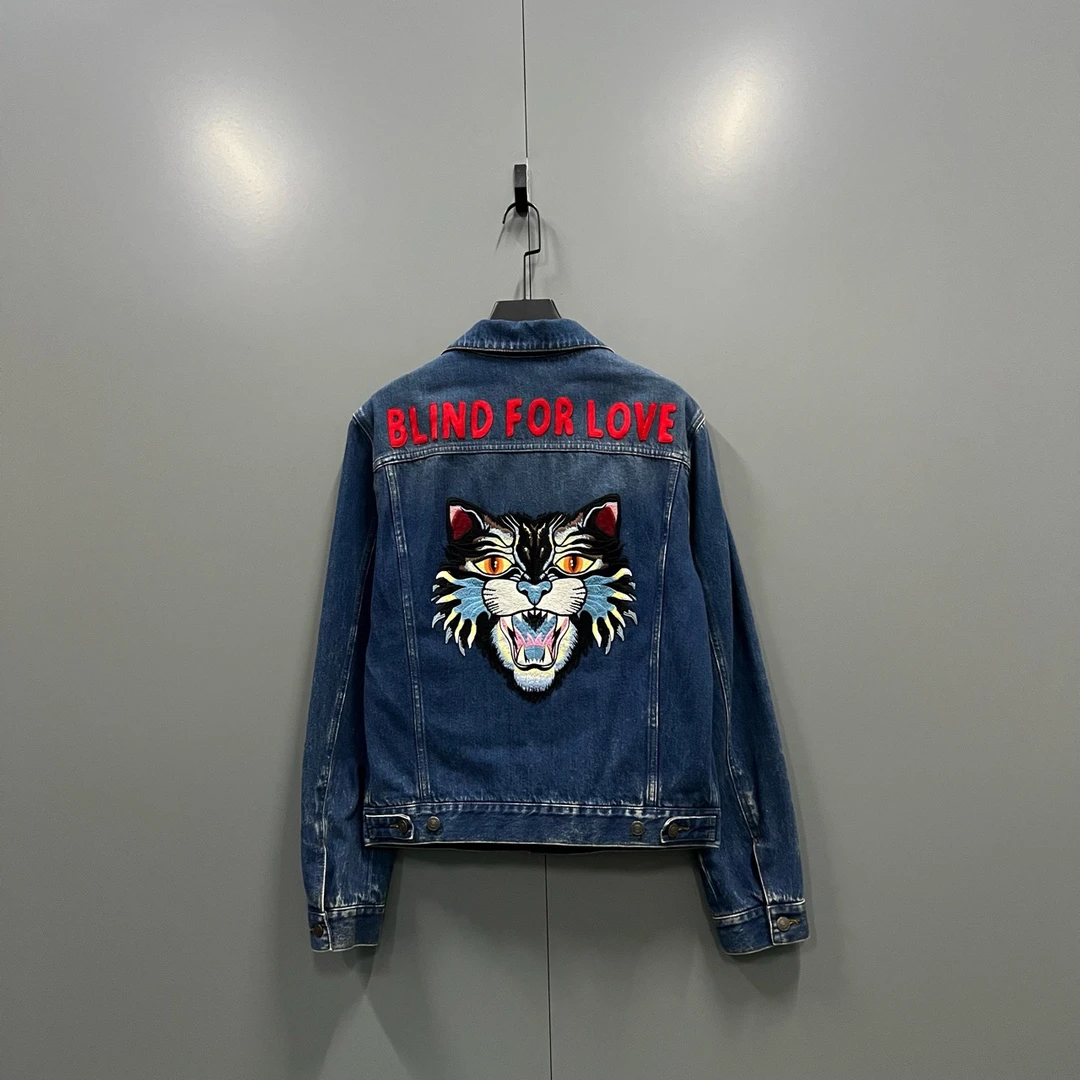 95新 GUCCI/古驰 yy 精灵猫牛仔外套 48码 006785 无领标