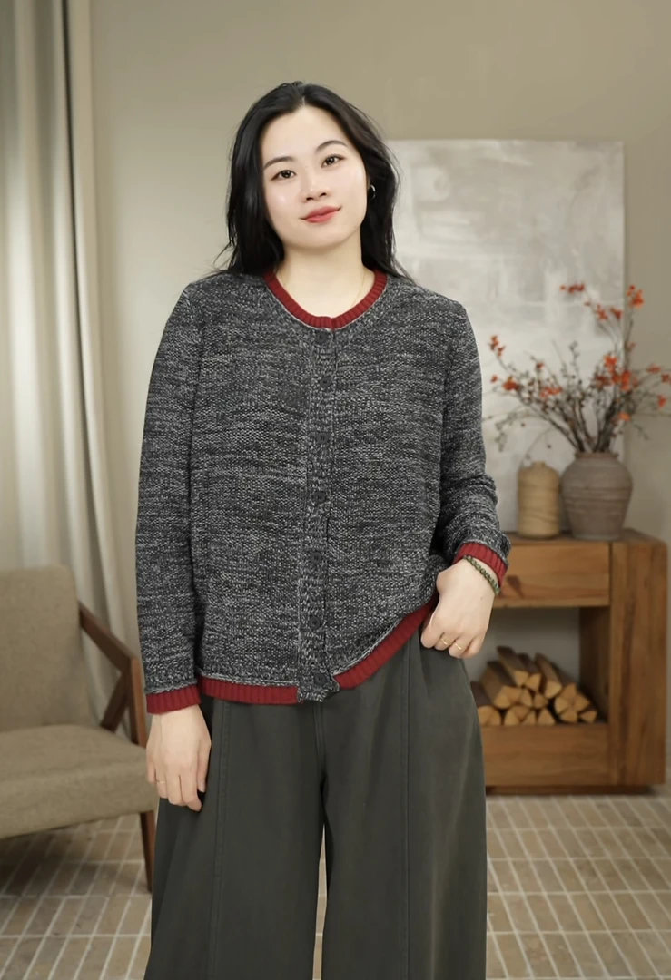 九月JIUYUE秋冬新款韩版花纱撞色厚款圆领针织百搭开衫女 2817