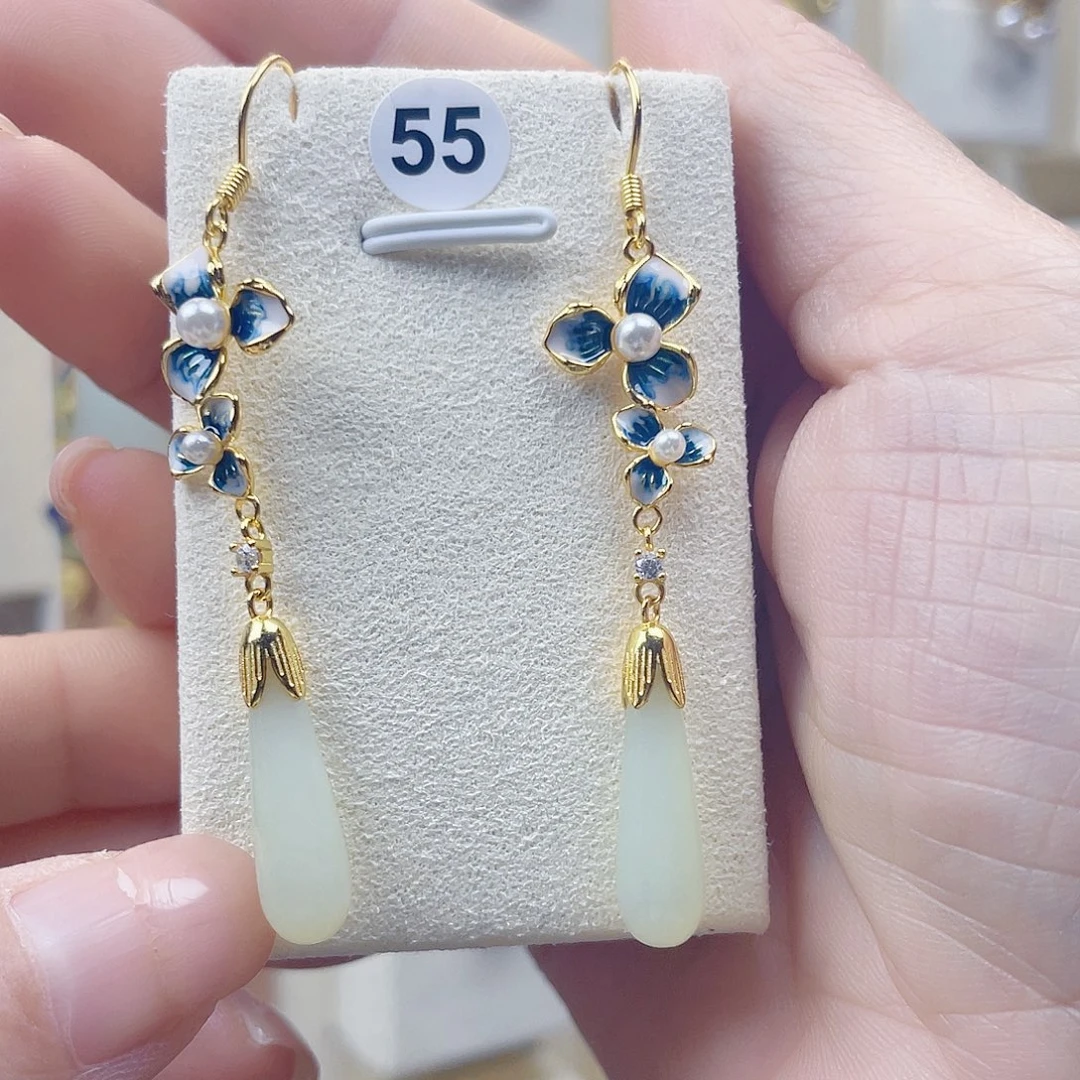 和田玉银S925镀金镶嵌耳饰