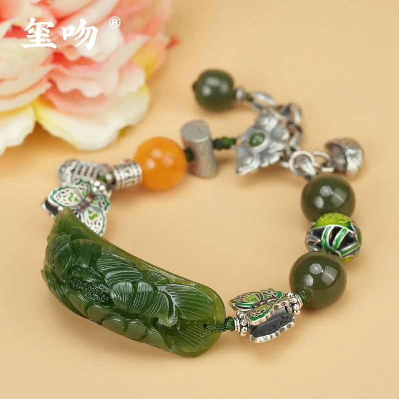 【玺吻】s925银 国色天香 天然和田玉老坑碧玉牡丹花手链（约22cm）