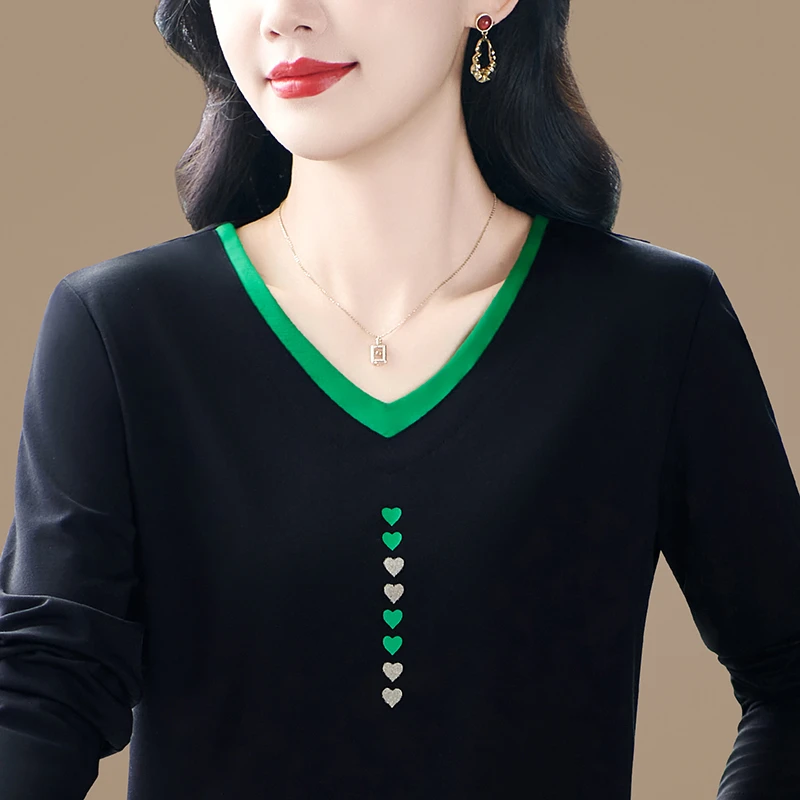 短袖加绒POLO衫打底中妈妈长袖t恤女春秋季新款高端V领套头衫T恤