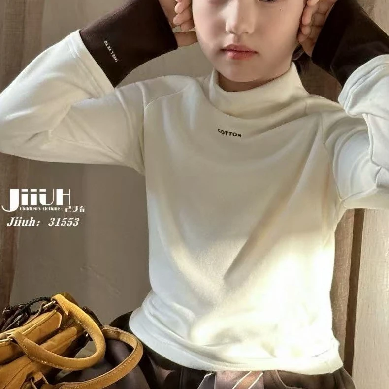 1553儿童冬款拼接袖半高领德绒打底衫