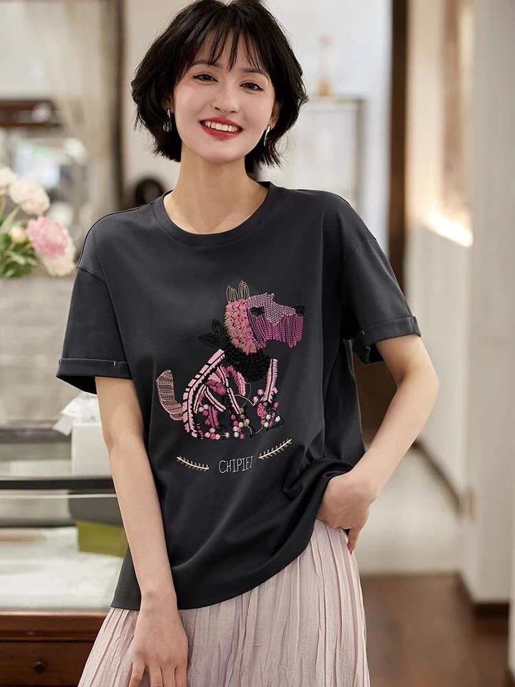 重工刺绣液氨长绒棉宽松上衣短袖T恤