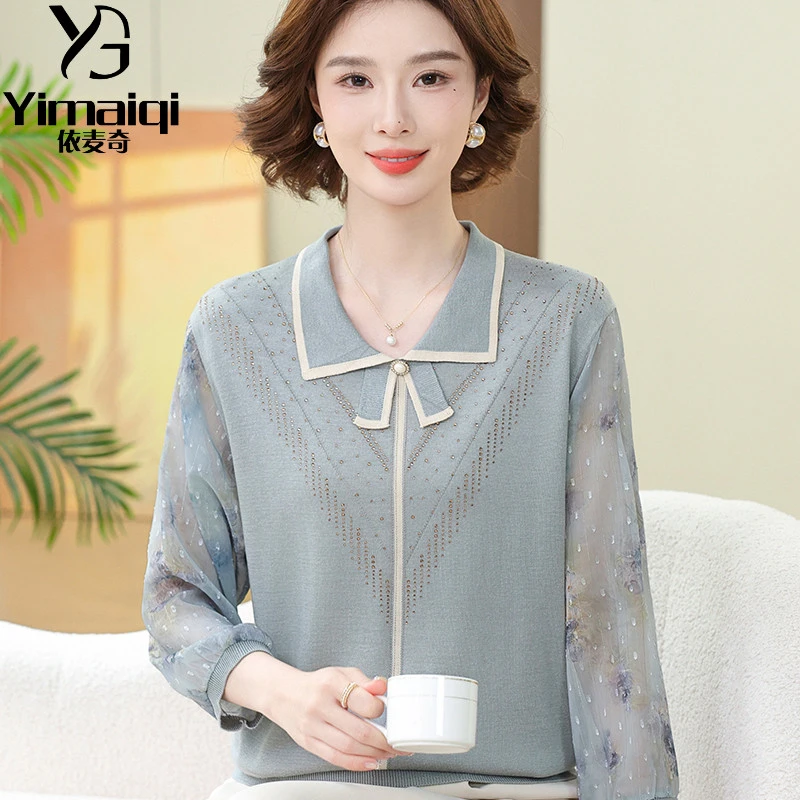 洋气翻领蝴蝶结针织纱袖小衫中老年妈妈春夏装时尚减龄纯色T恤衫