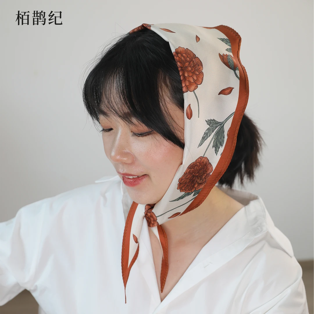 栢鹊纪 手绘真丝斜纹绸双面花卉复古港风田园风春夏透气菱形巾