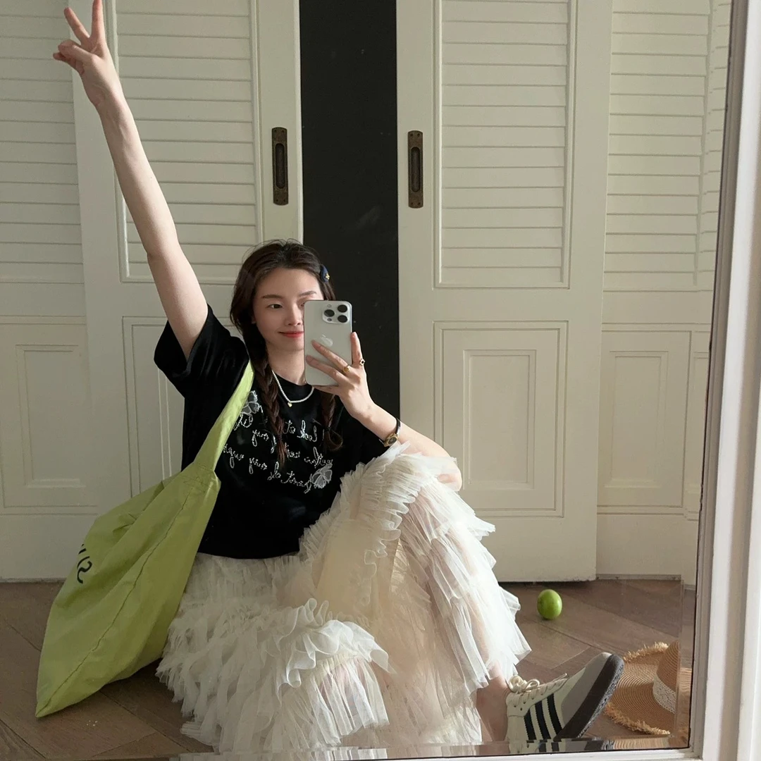 法式气质重工层网纱蛋糕半身裙女夏季高腰垂感蓬蓬长裙子仙气纱裙