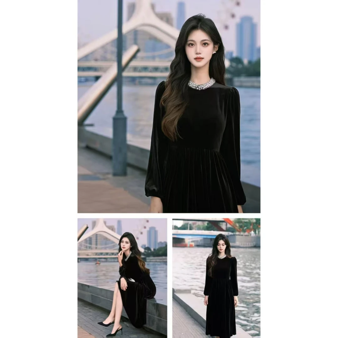 006-高端法式轻奢黑色丝绒连衣裙女秋季裙子新款超火气质礼服长裙
