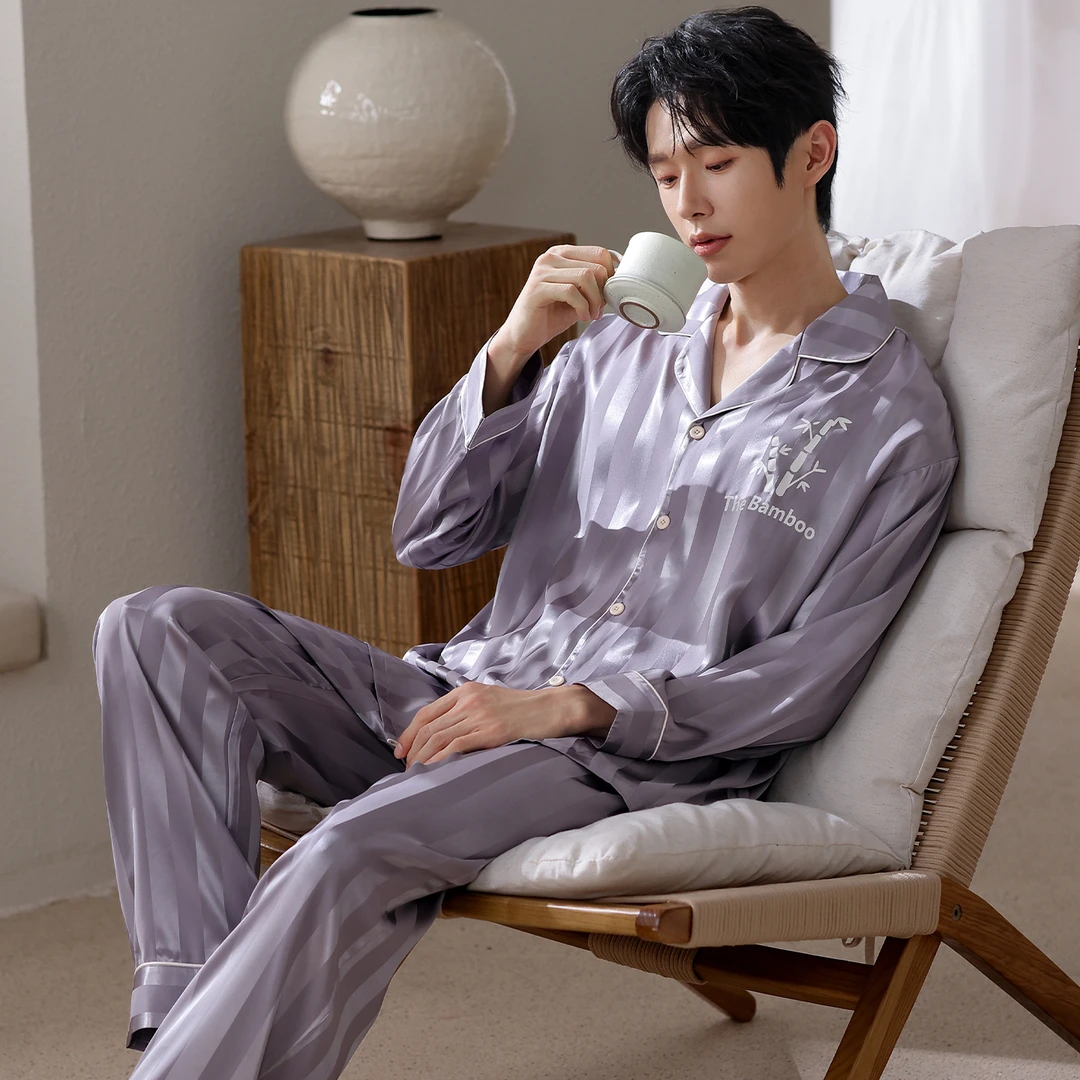 JINZHAO-秋季新款冰雪丝睡衣男士亲肤轻薄透气长袖宽松家居服套装