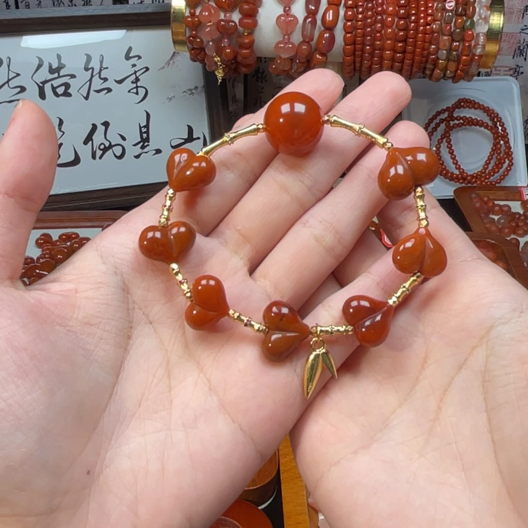 南红玛瑙银S925镀金镶嵌手串
