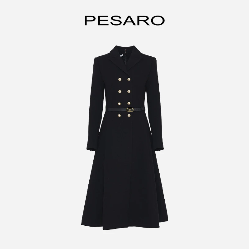 PESARO蕙玲修身气质女装知性复古轻奢秋冬连衣裙长袖收腰长款黑色