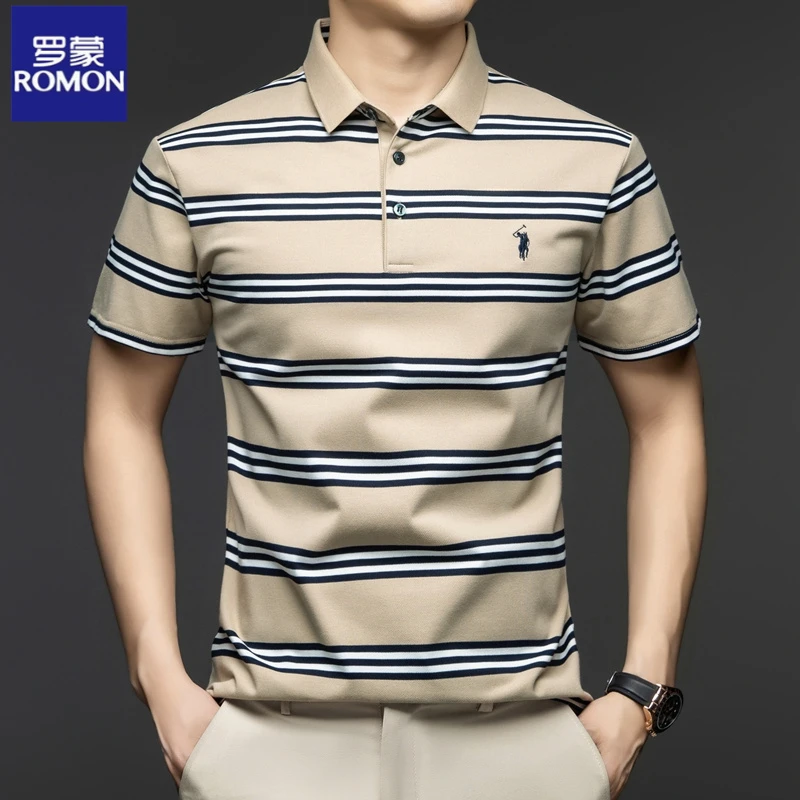 罗蒙短袖男T恤夏季条纹商务休闲翻领Polo衫男装宽松大码半袖体恤