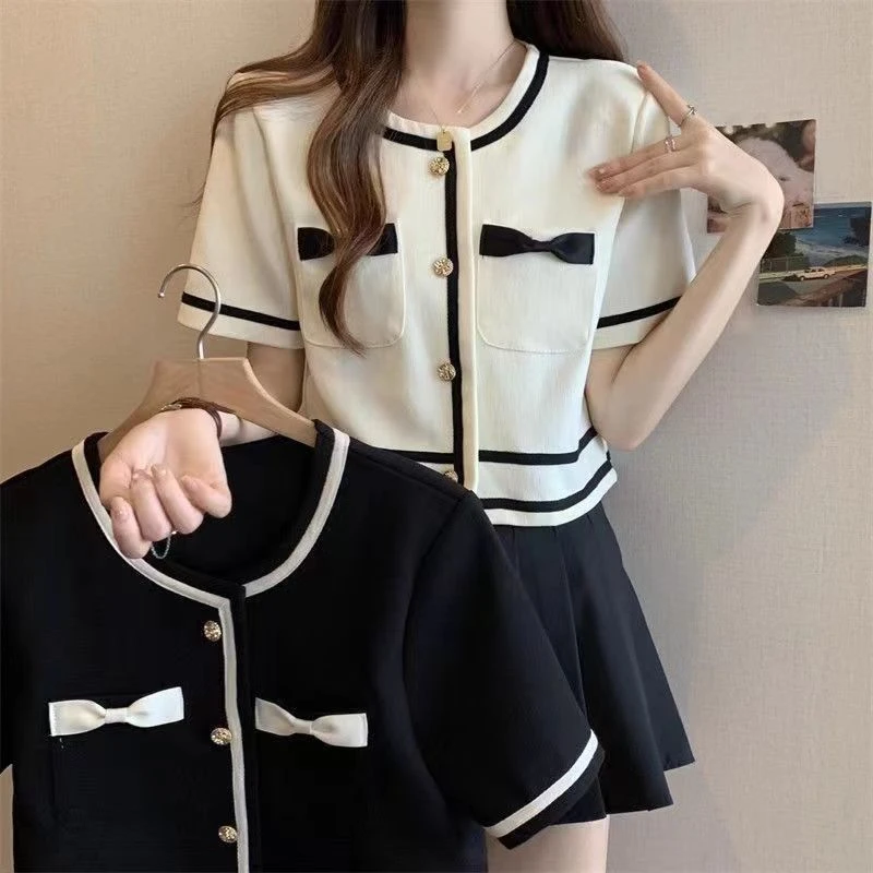 小香风大码女装两件套夏装遮肉显瘦胖妹妹开衫短袖上衣百褶短裙