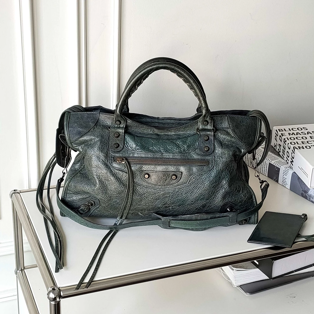 95新 Balenciaga/巴黎世家 Azul-灰绿色中号机车手提单肩包40628