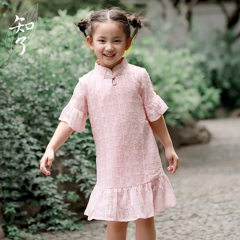 知了童装K6591 夏装女童改良儿童旗袍复古鱼尾裙宽松短袖连衣裙