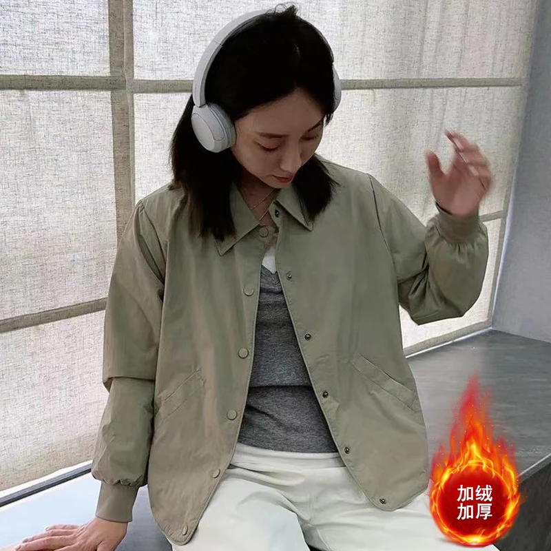 秋冬季加绒时尚外套短款女显廋加厚衬衫式小个子夹克休闲开衫保暖