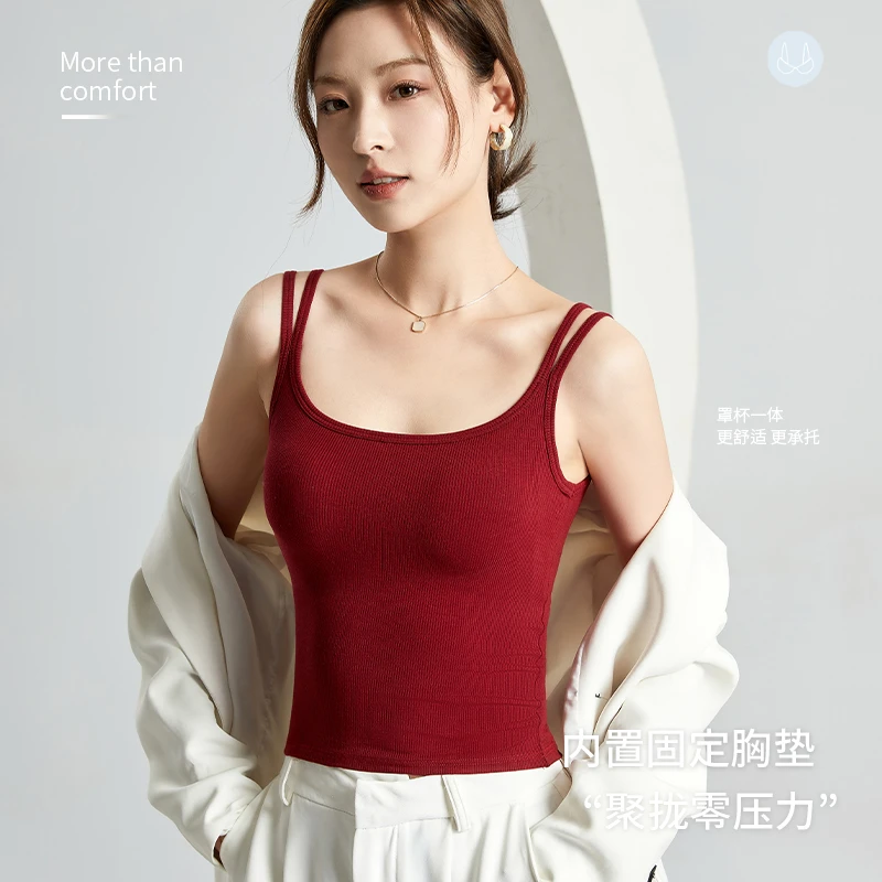 美式小吊带背心女2026新款带胸垫内衣美背文胸一体内搭红色上衣