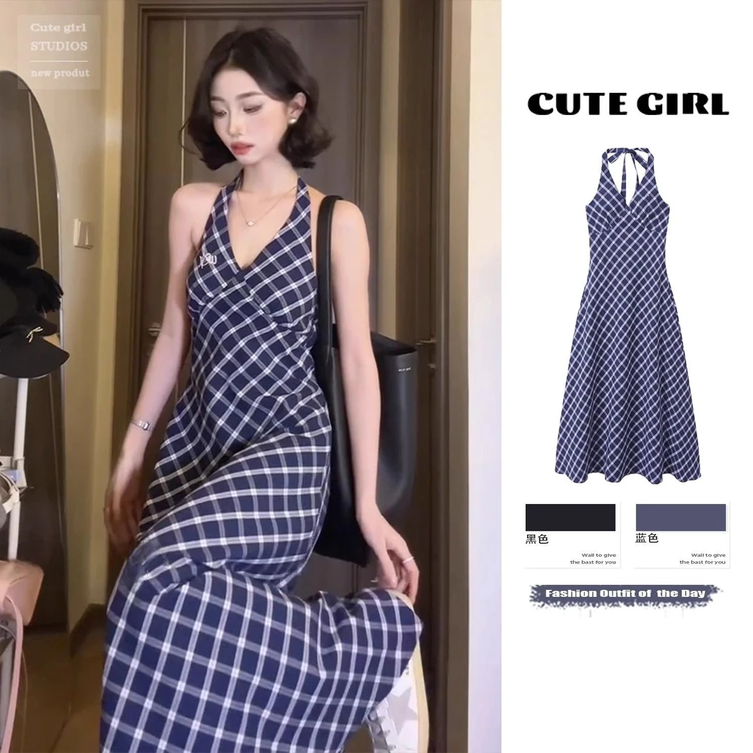 春季高级感穿搭女2025新款韩版格子设计感收腰显瘦吊带长裙