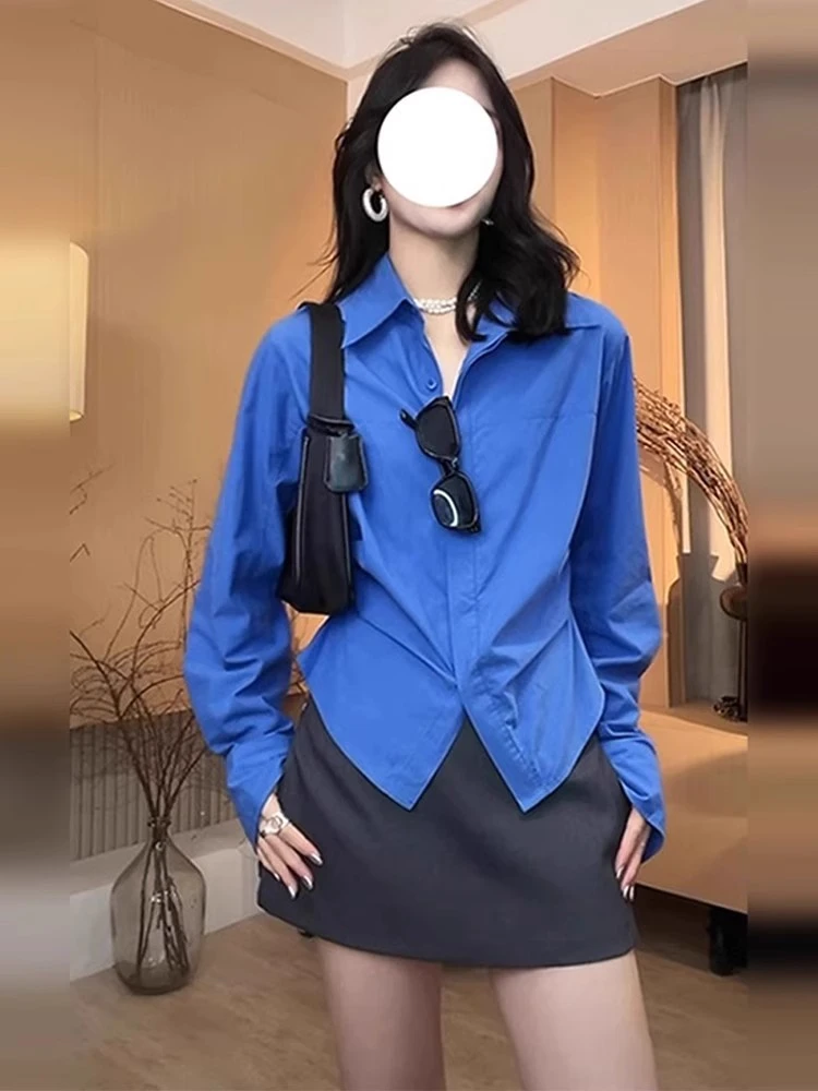 克莱因蓝色衬衫女早春季修身叠穿内搭设计感小众收腰上衣长袖衬衣